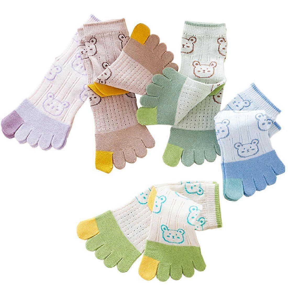 5pcs Kids' Mid-Calf Toe Socks with Cute Cartoon Bear Patterns, Children's Socks