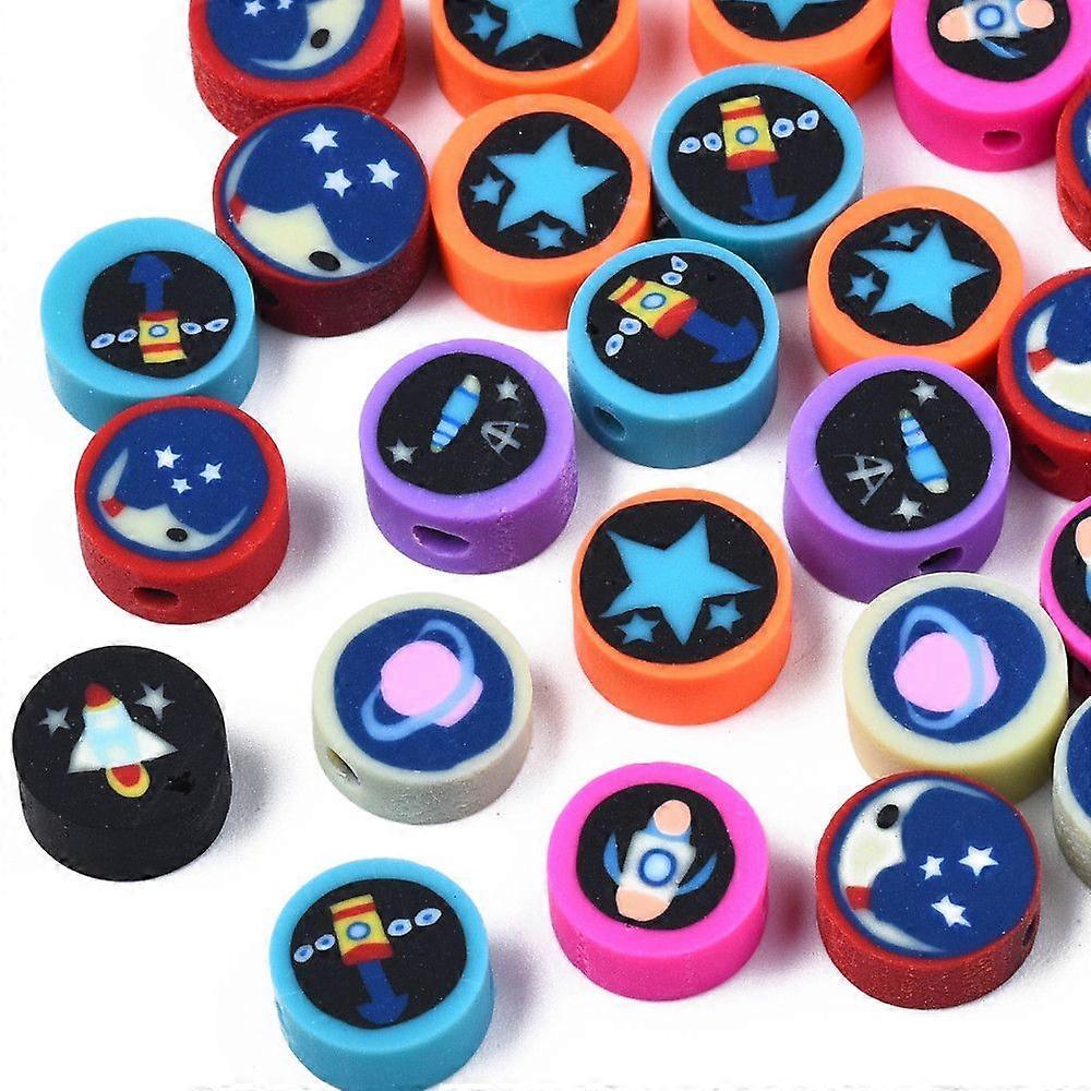 Handmade Polymer Clay Beads Flat Round with Space Theme Pattern Mixed color 9~10x4~4.5mm Hole: 1.6mm