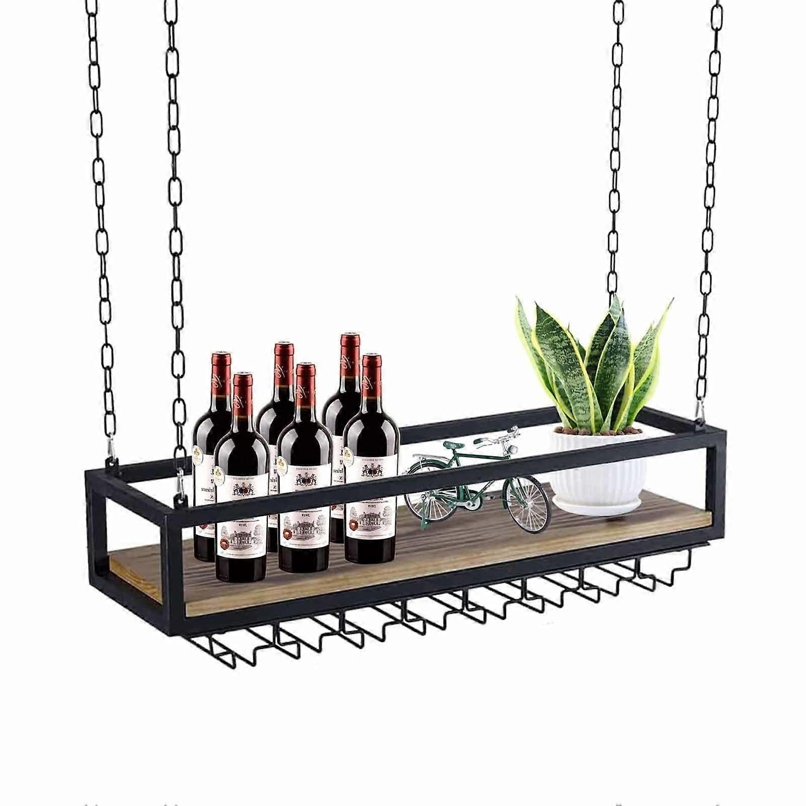 Ceiling Wine Glass Rack with Solid Wood Shelf and Adjustable 100cm Chain for Kitchen Bar Storage