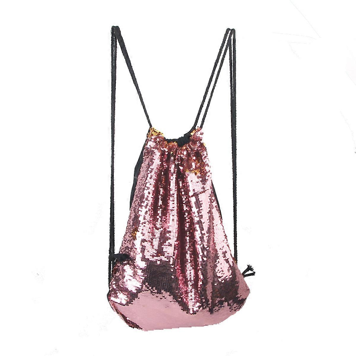 Pink Sequin Drawstring Backpack for Dance with Durable Cord