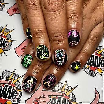 Halloween-Kunstnägel zum Aufkleben, kurze, quadratische, schwarze, glänzende Nägel mit Totenkopf- und Kaktusmotiv, 24 Stück