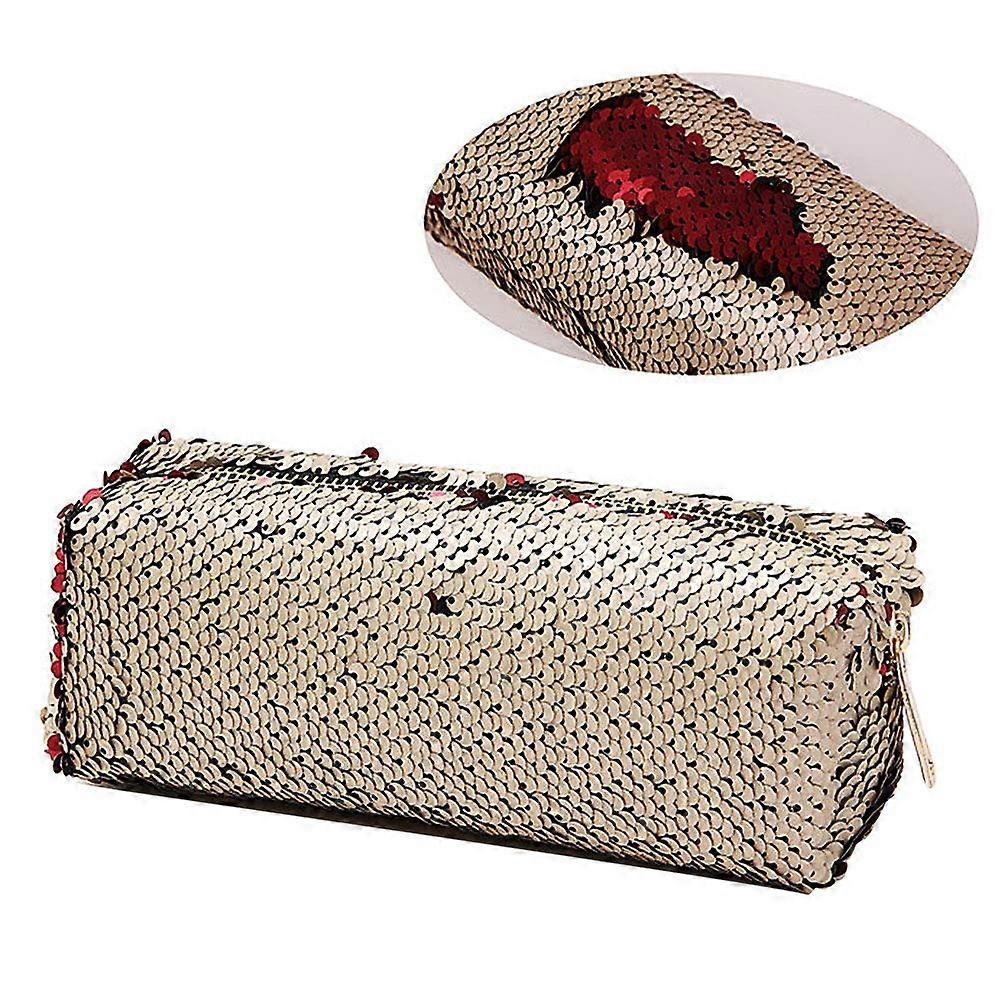 Sequin Pencil Case Gold Red Compact Cube Makeup Pouch with Secure Zipper Closure