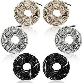 3Paare Strass Runde Schnürsenkel, 55'' Bling Bling Kristall Strass Glitzer Seil Schnürsenkel Kordelzug Ersatz Schwarz / Weiß / Regenbogen