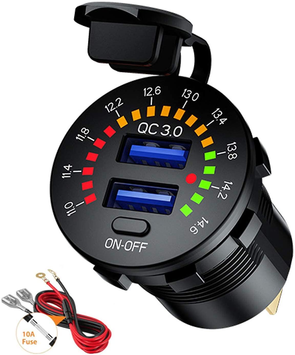 Quick Charge 3.0 USB Car Charger Socket 12V/24V 36W with Switch and Voltmeter Dual QC3.0 USB Fast Ch