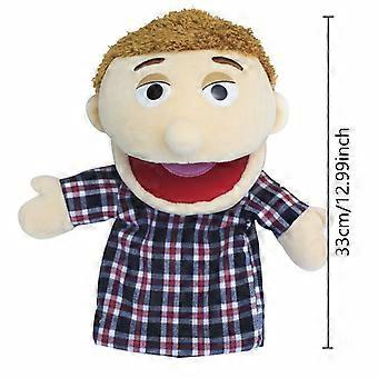 Plüschhandpuppe mit offenem Mund und rot-kariertem Hemd, Cartoon-Figur für Kinder zum Geschichtenerzählen, interaktives Rollenspielzeug zum Fantasiespielen