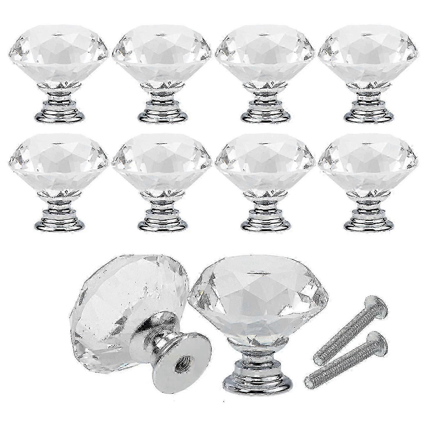 10 pcs 30mm Diamond Clear Crystal Drawer Knobs Pulls Handle with Screws
