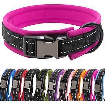 Nylon Padded Dog Collar Soft Adjustable Reflective Wide Pet Collars for Small Medium Large Dogs.Black/Hot Pink.L