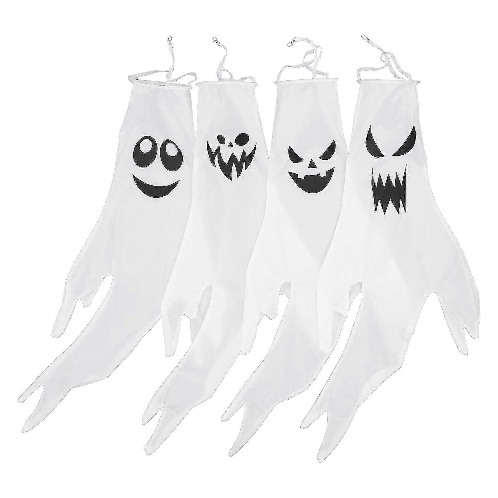 4Pcs White Polyester Halloween Hanging Ghost Windsock Flag for Decor