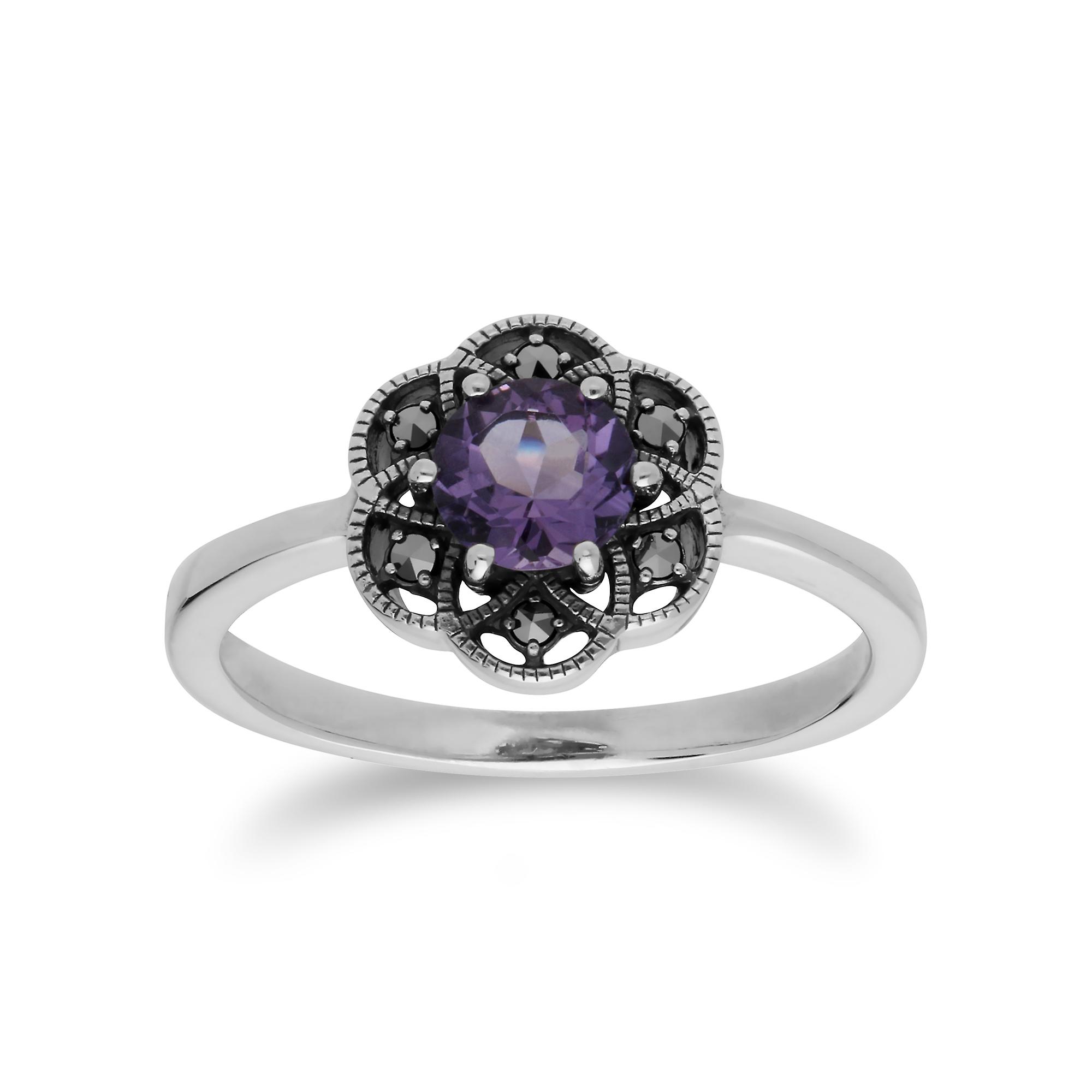 Floral Round Amethyst & Marcasite Daisy Ring in 925 Sterling Silver 214R599402925