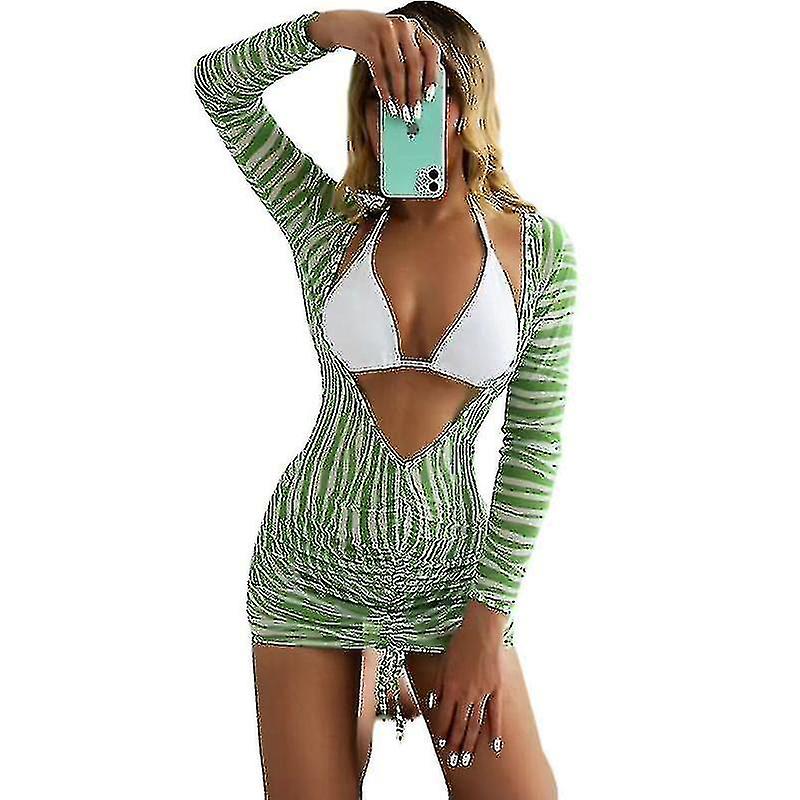 Women's 3 Piece Swimsuit Tie Dye Halter Bikini Set With Long Sleeve Beach Cover Up Green Stripes Yyds