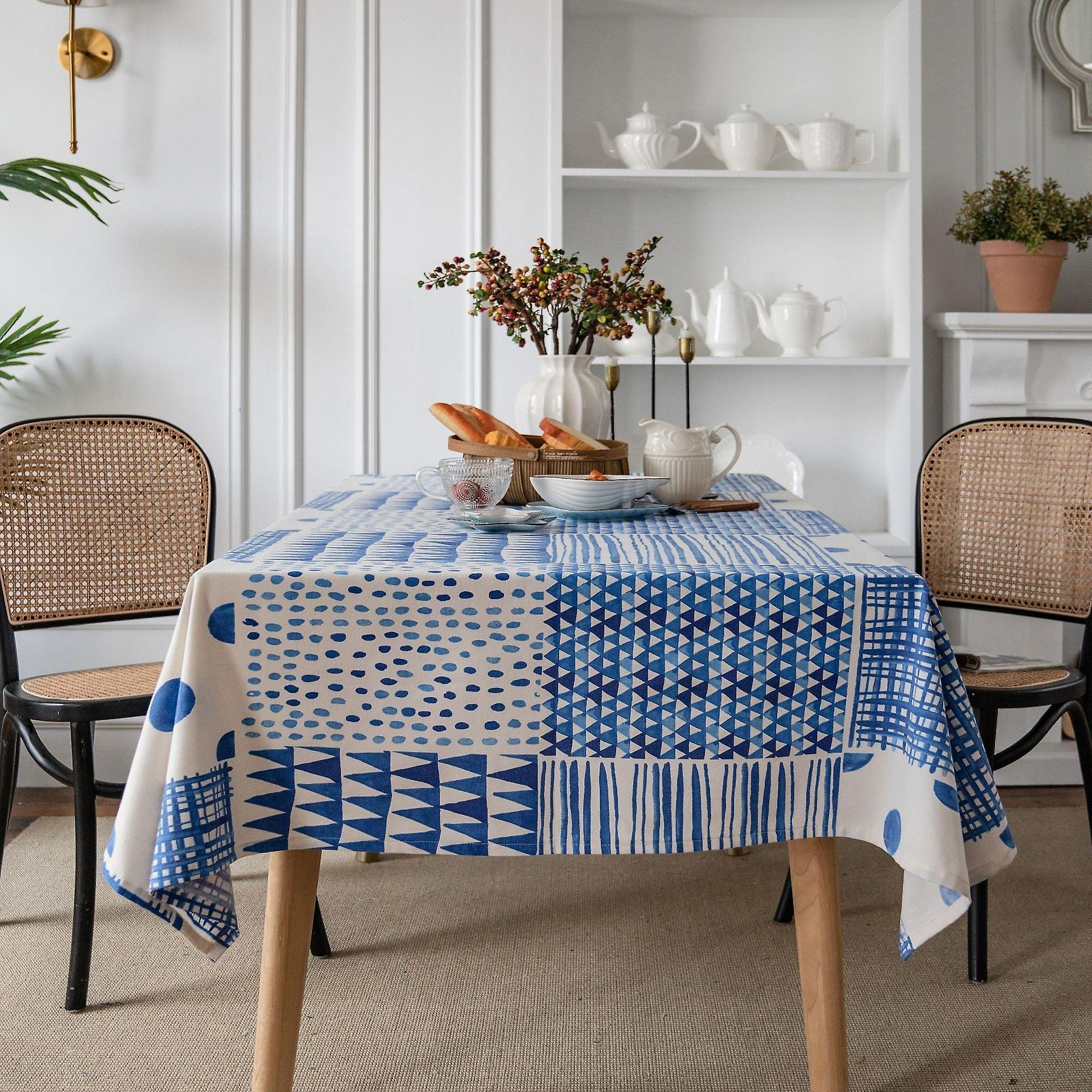 Blue Stitching Tablecloth Geometric Printing Simple Cotton Linen Table Cloth Restaurant Kitchen Cloth