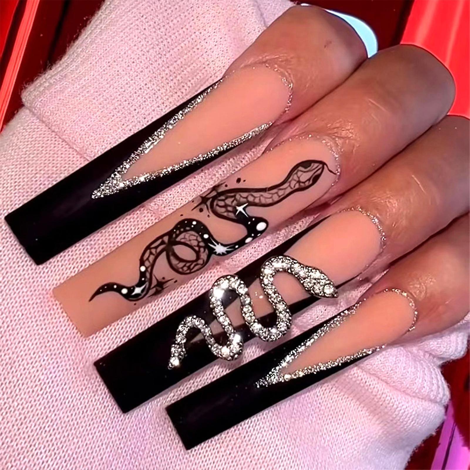 Shiny Diamond Snake False Nails Snake Pattern Frosted Square False Nails