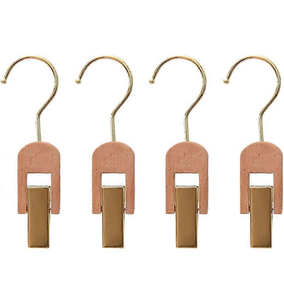 4 Pieces Metal Sock Clips with Wooden Handle Laundry Hanging Hooks Clips, Golden