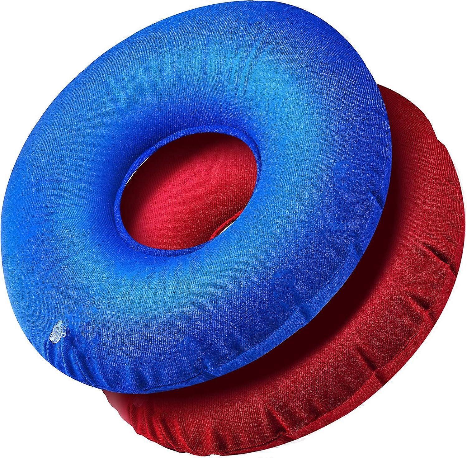 Pain Relief Doughnut Pillow, Super Comfort Round Ring Butt Cushion, Inflatable Memory Foam Hemorrhoid Pillow (Blue, Red)