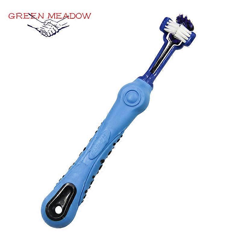 3-Sided Pet Toothbrush Dog Toothbrush Removing Bad Breath Tartar Cleaning Mouth One in purple and one in blue.
