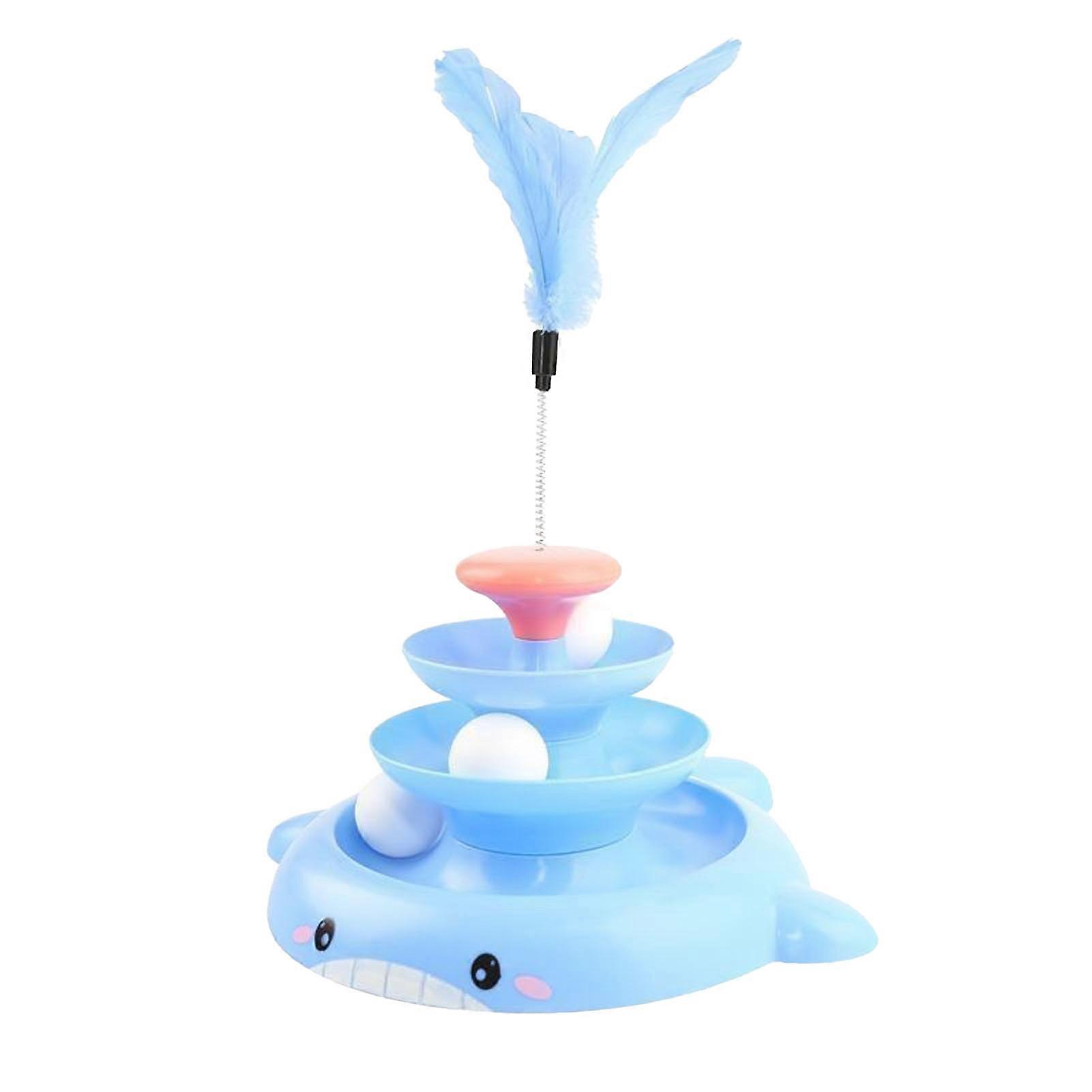 Cat Turntable Ball Toy 3 Levels Interactive Relieve Boredom Kitten Tower Roller Toy with Feather Stick and 3 Balls Blue