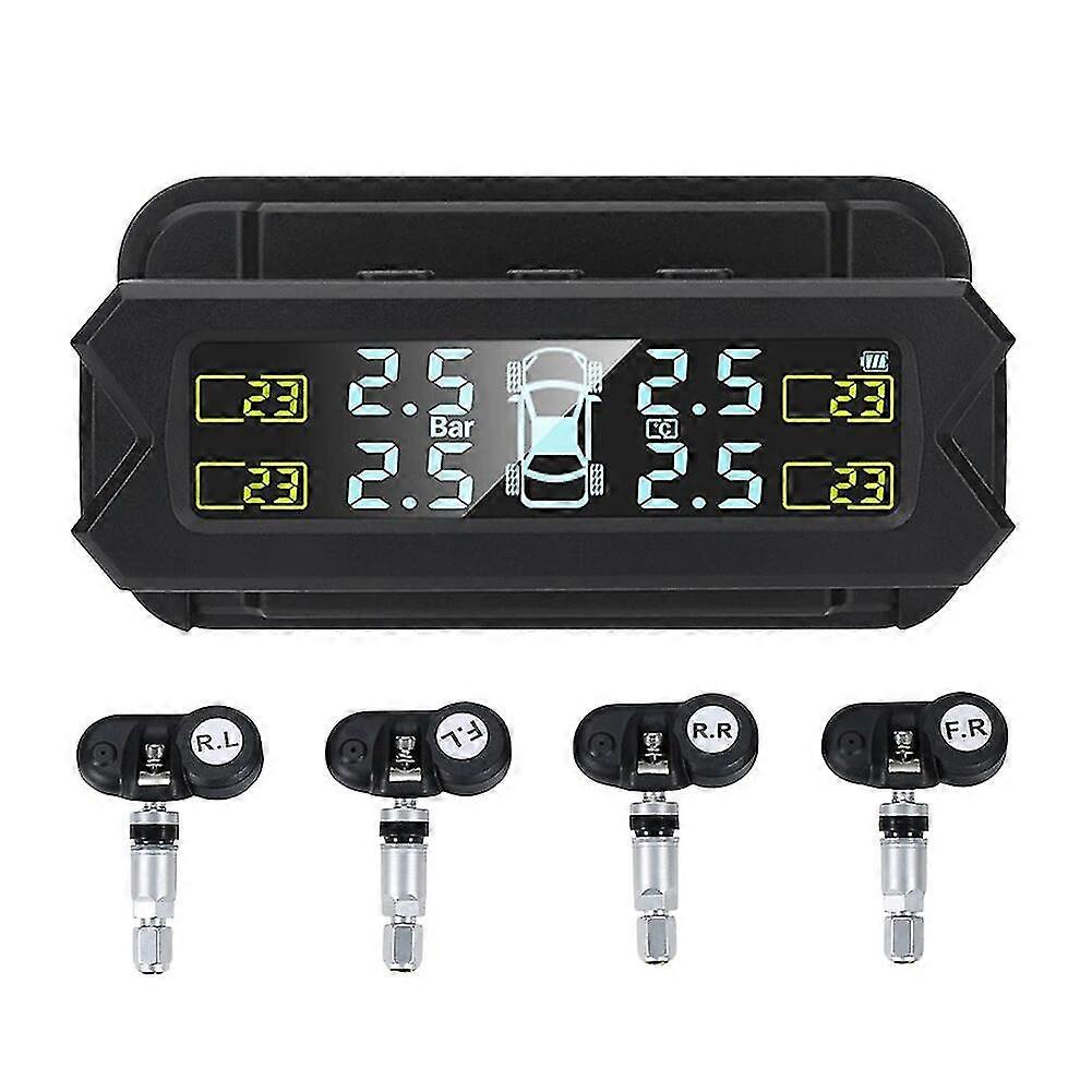 Solar Tpms High Precision Digital Tire Pressure Sensor Lcd Display Tyre Pressure Detector Usb Rechargeable Security Alarm 400mah