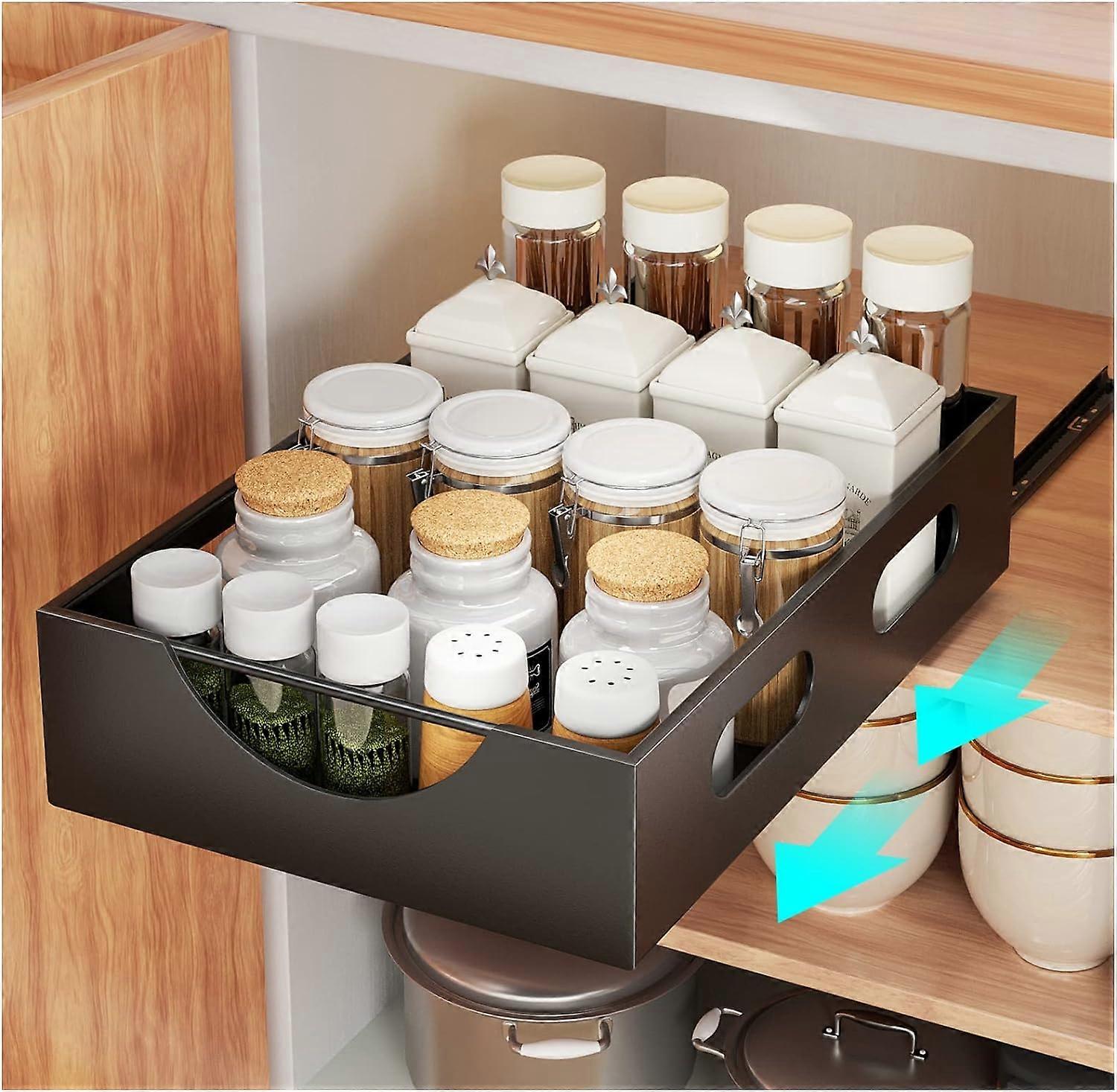 Pull Out Cabinet Organizer Fixed with Adhesive, Slide Out Drawer Storage Shelves - 10.8" W x 15.15" D Heavy Duty Pull Out Drawers for Kitchen Cabinets