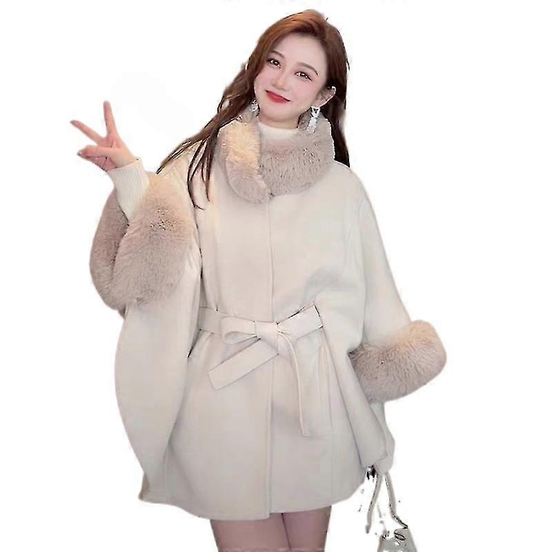 Women's Autumn Winter Imitation Rex Rabbit Fur Collar Knitted Shawl Coat
