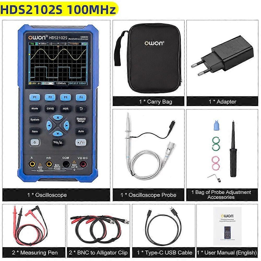 OWON HDS2102S 3 in 1 Digital Oscilloscope Multimeter Waveform Generator 100MHz 500MSa/s Dual Channels Oscilloscope 20000 Counts