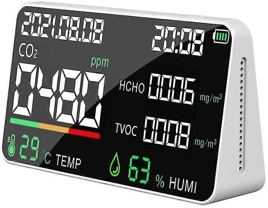 Air Quality Detector, Multifunctional Carbon Dioxide Co2 Tester Tvoc Hcho Value Electricity Quantity Temperature Humidity Display Functionwhite