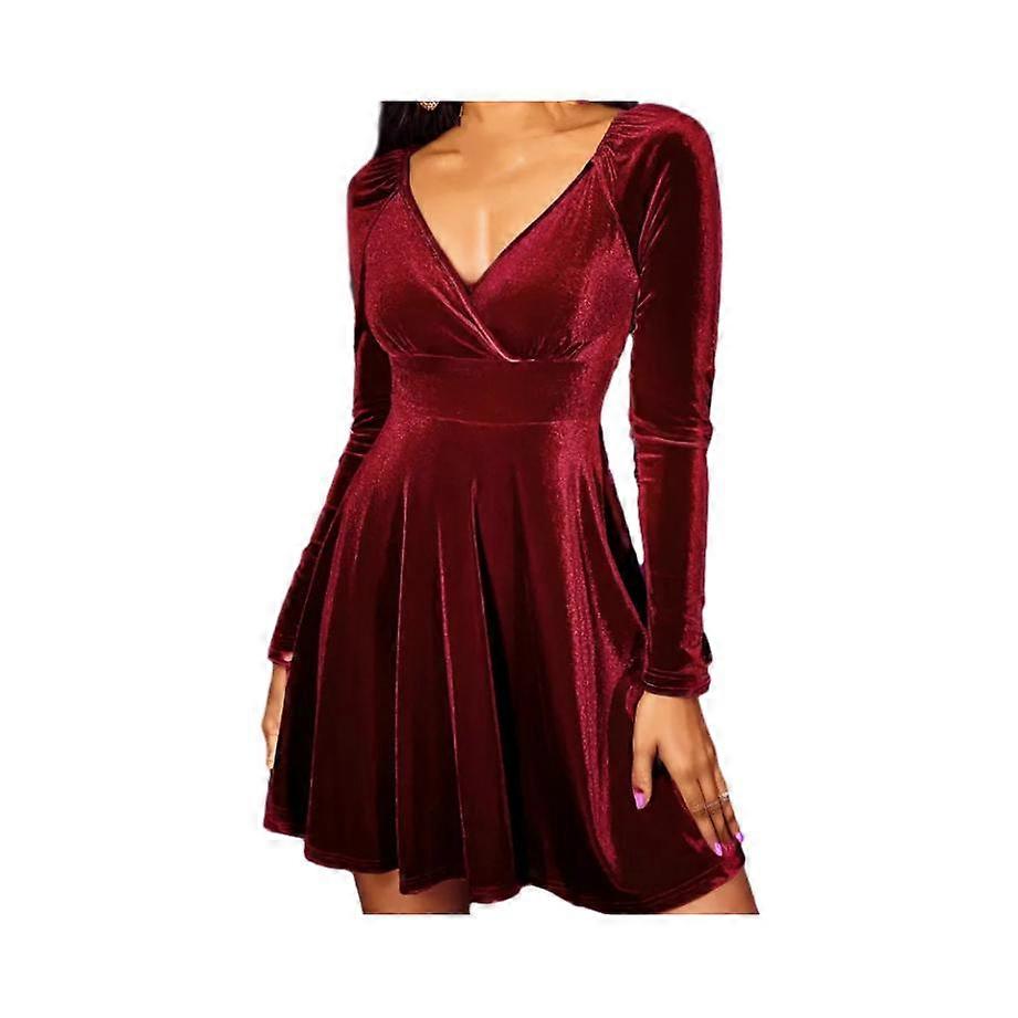 1PCS langärmeliges Samtkleid-bordeaux-M