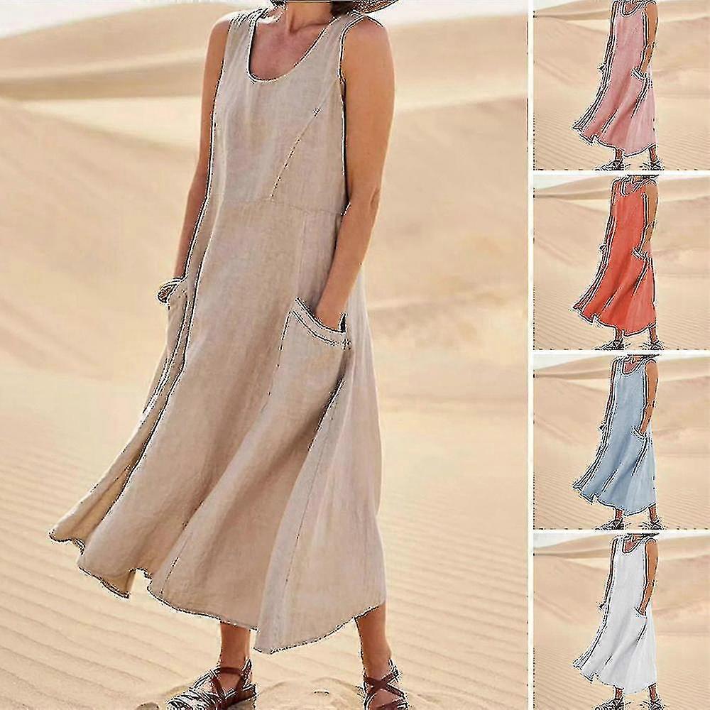 Vestido de linho de algodão sem mangas feminino com bolsos Boho Style Beach Tank Vestido