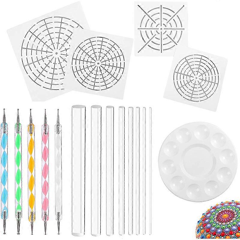 Mandala Art Dotting Tools 18 Set Including 4 Mandala Stencils, 8 Acrylic Rods, Paint Tray, 5 Double Sided Dotting Tools