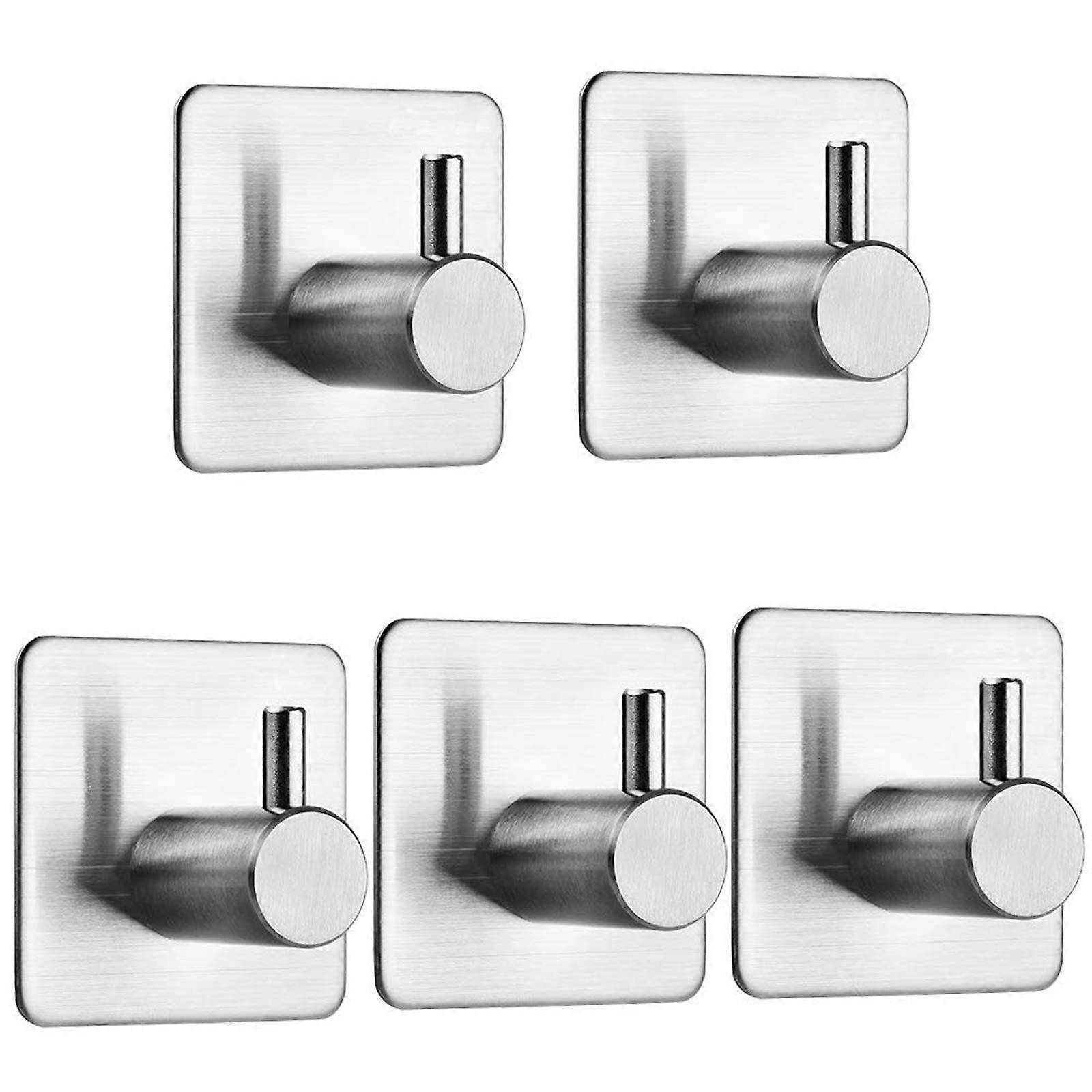 Self Adhesive Hooks 5 Pack, Silver Heavy Duty Coat Hooks, Stainless Steel Wall Hooks for Bathroom, Waterproof Tower Hooks, No Drill Glue Needed