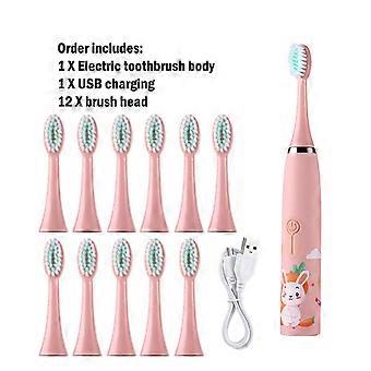 Brosse à dents électrique pour enfants soniques avec têtes de brosse 12pcs IPX7 Minuterie rechargeable ultrasonique étanche Brosse de nettoyage de cheveux douxBrosses à dents