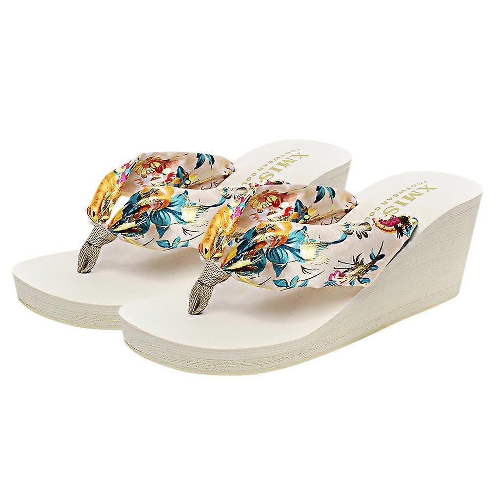 1 Pair of Flip-flops Summer Platform Shoes Bohemia Style Silks Satins Beach Shoes Wedge Slippers - Size 37 6.5US 4UK 37.5EU (Beige)