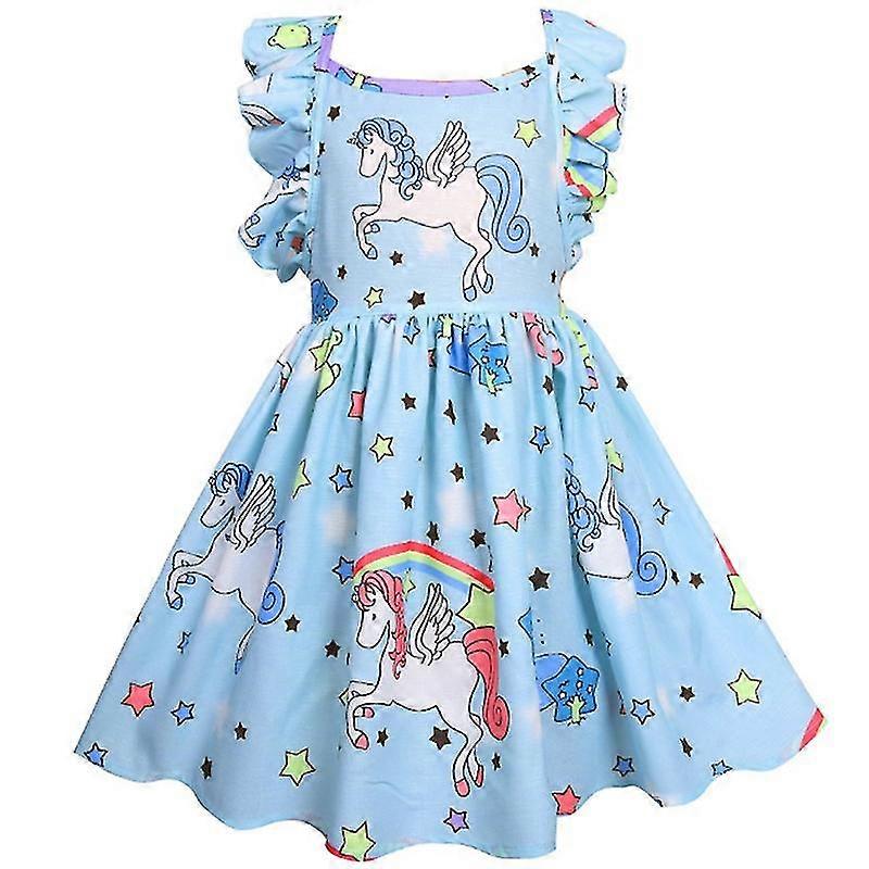 Kids Girls Casual Unicorn Party Dress Summer Ruffle Sleeve Swing Dresses