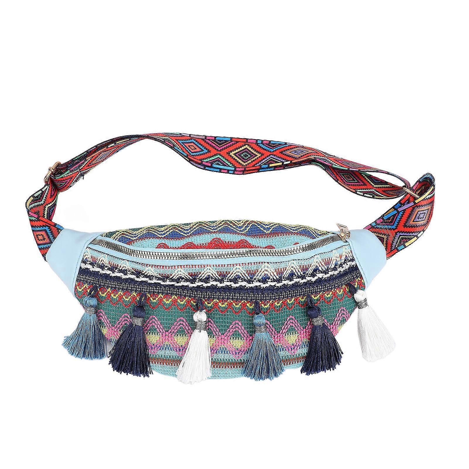 Folk Style Polyester Fanny Pack with Tassels, Large Capacity, Simple and Elegant, Ideal for Travel and Daily Use, Blue