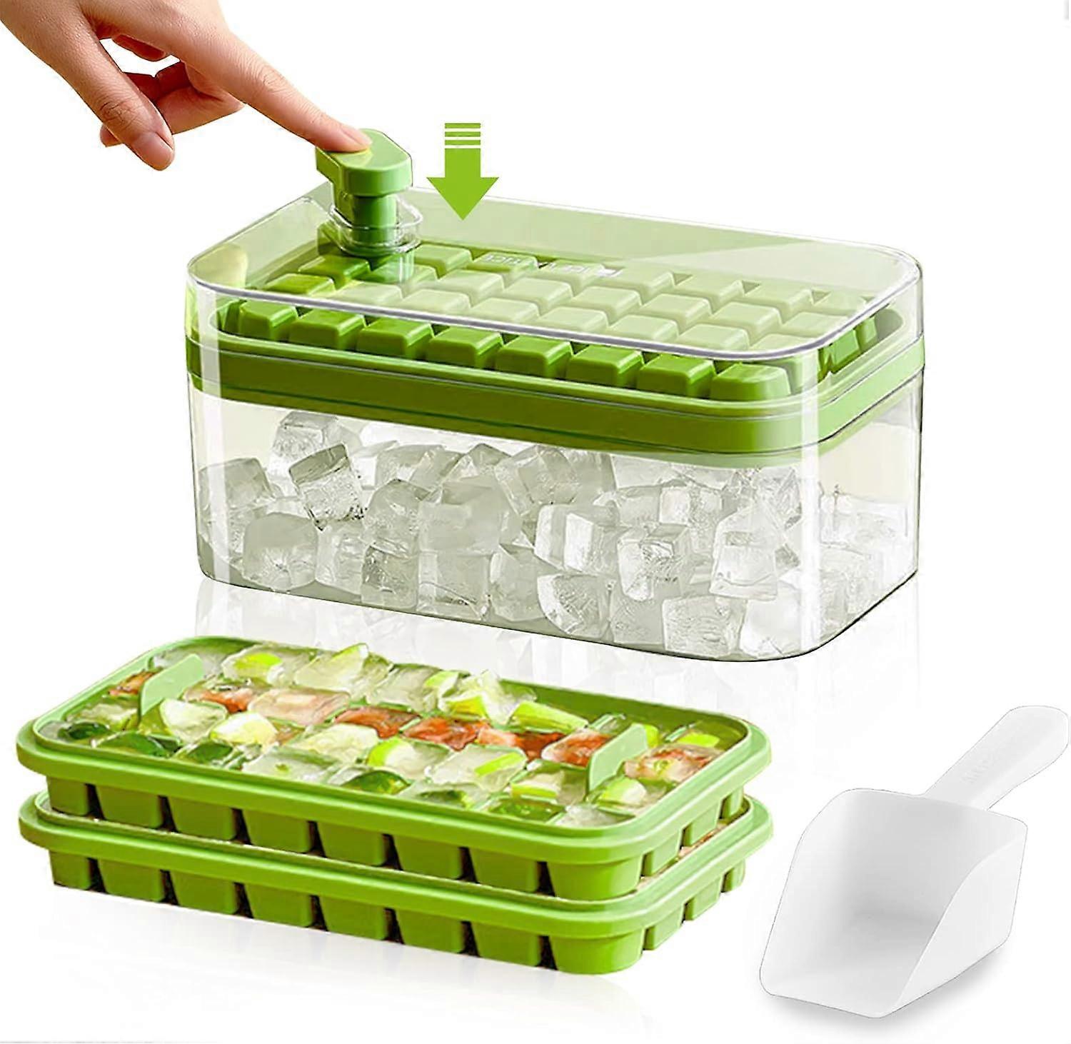 Ice Cube Tray with Lid, 2 Tiers Ice Cube Moulds with Storage Ice Bin and Scoop, Stackable 64 Ice , for Freezer Cocktail Tea (Green)