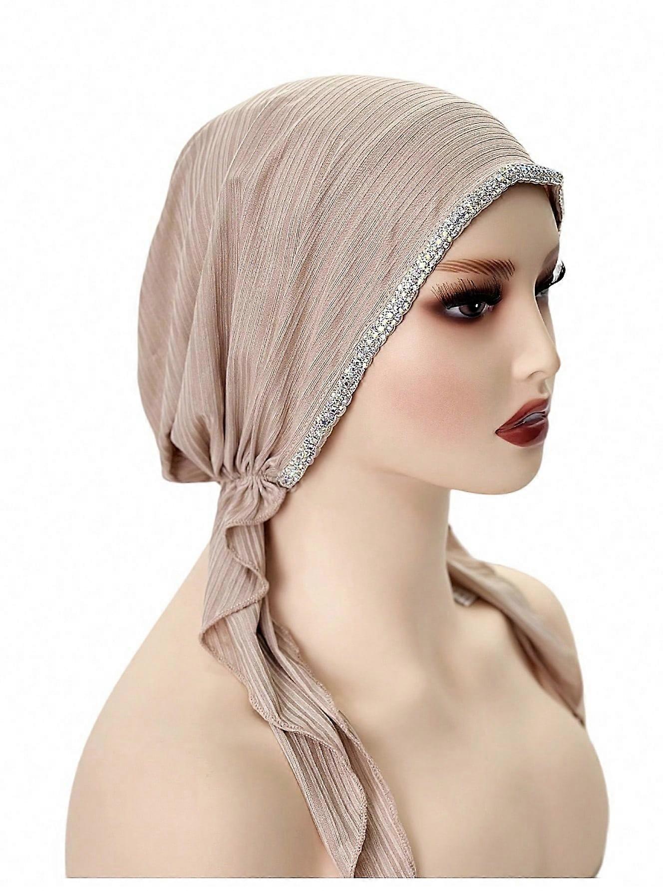 1pc Women's Muslim Headscarf Decorated With Chain And Beads, Elastic Fabric For Everyday Charm And Various Occasions