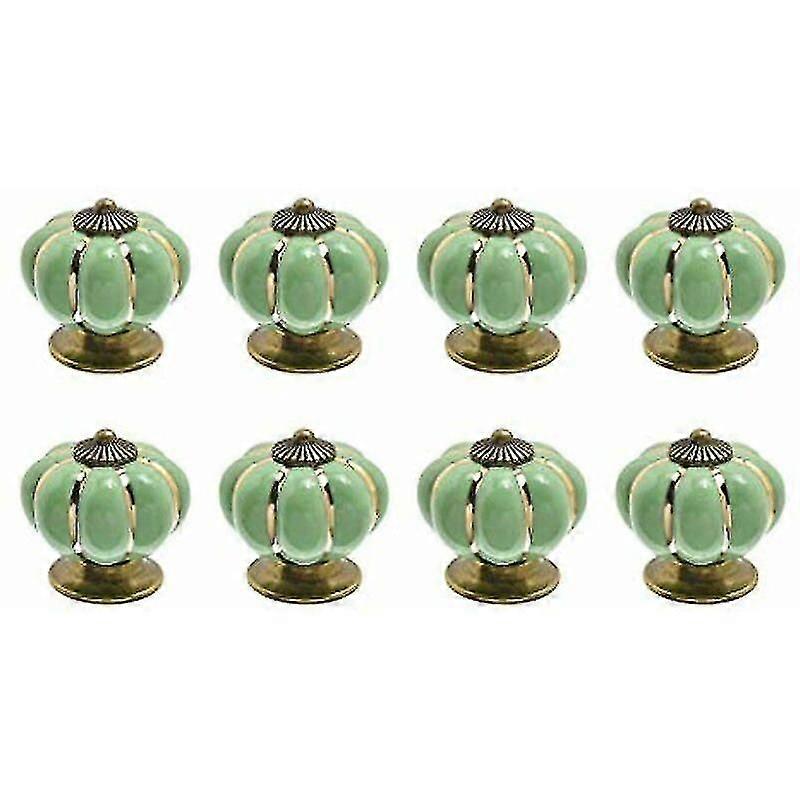 8 x Ceramic Drawer Knobs Pumpkin Shape Cabinet Knob for Kitchen Drawers and Cupboards (Green)