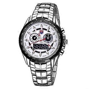 TVG Round Dial Glass Watch Window Luminous & Alarm & Week Display Function Quartz + Digital Double Movement Men Watch with Alloy Band