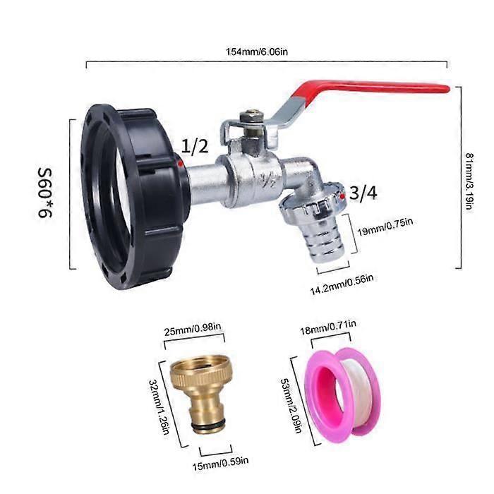 1000L S60X6 IBC Faucet Valve, Drain Tank Adapter, for Garden Tap (1/2 Alloy Faucet Spout)