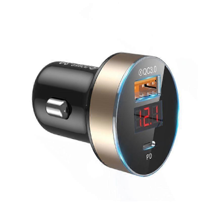 PD Car Charger Multifunctional Digital Display QC3.0 Single USB Car Fast Charger-Gold (One Set)