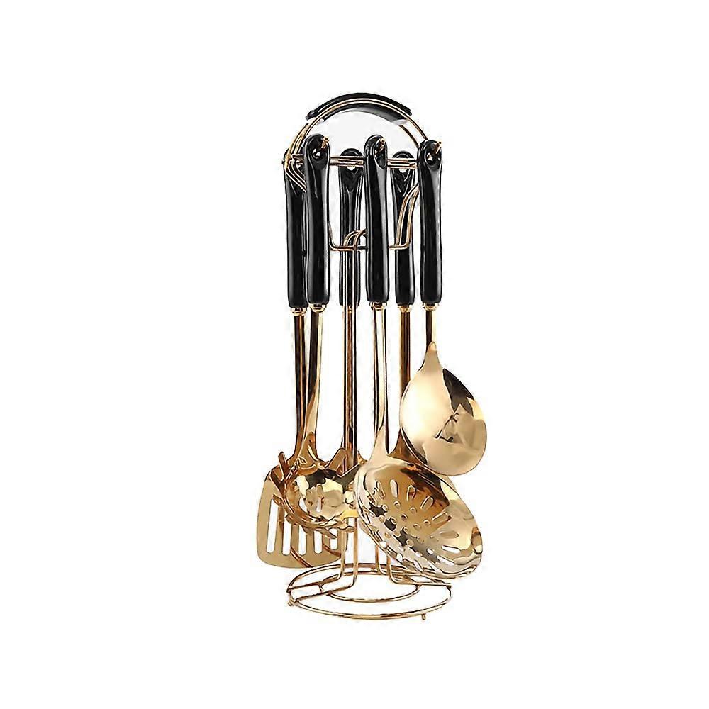 7-Piece Stainless Steel Kitchenware Set with Black Gold Finish and Hanging Shelf for Modern Kitchens