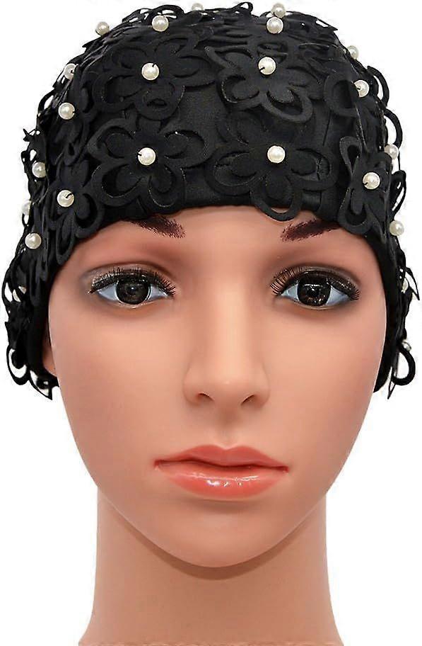 Women's swim cap with hand-sewn flowers and beads