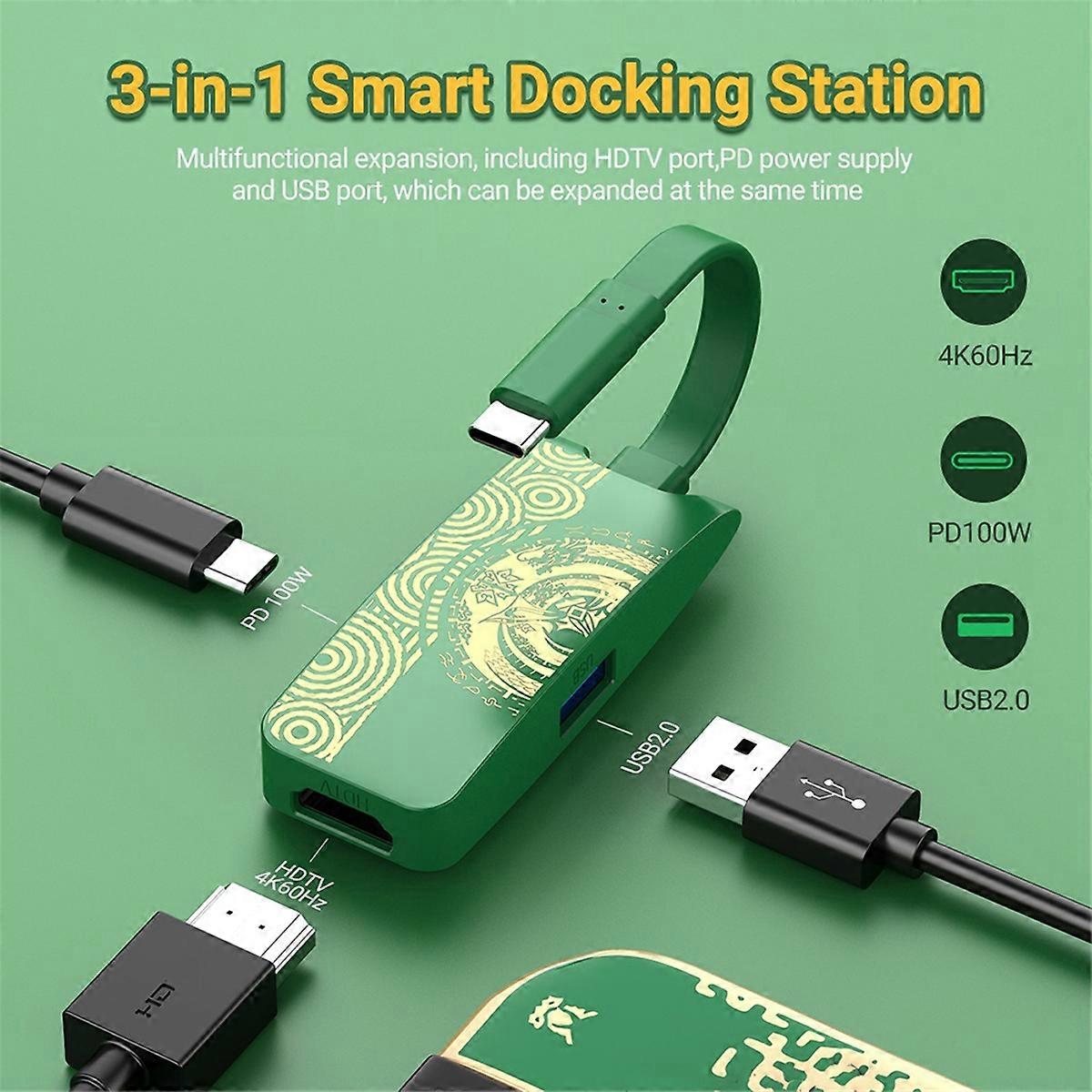 3 in 1 Game Hub Green USB-C Docking Station with USB2.0 4K60Hz -Compatible PD 100W for Laptop Switch Mobile Phone