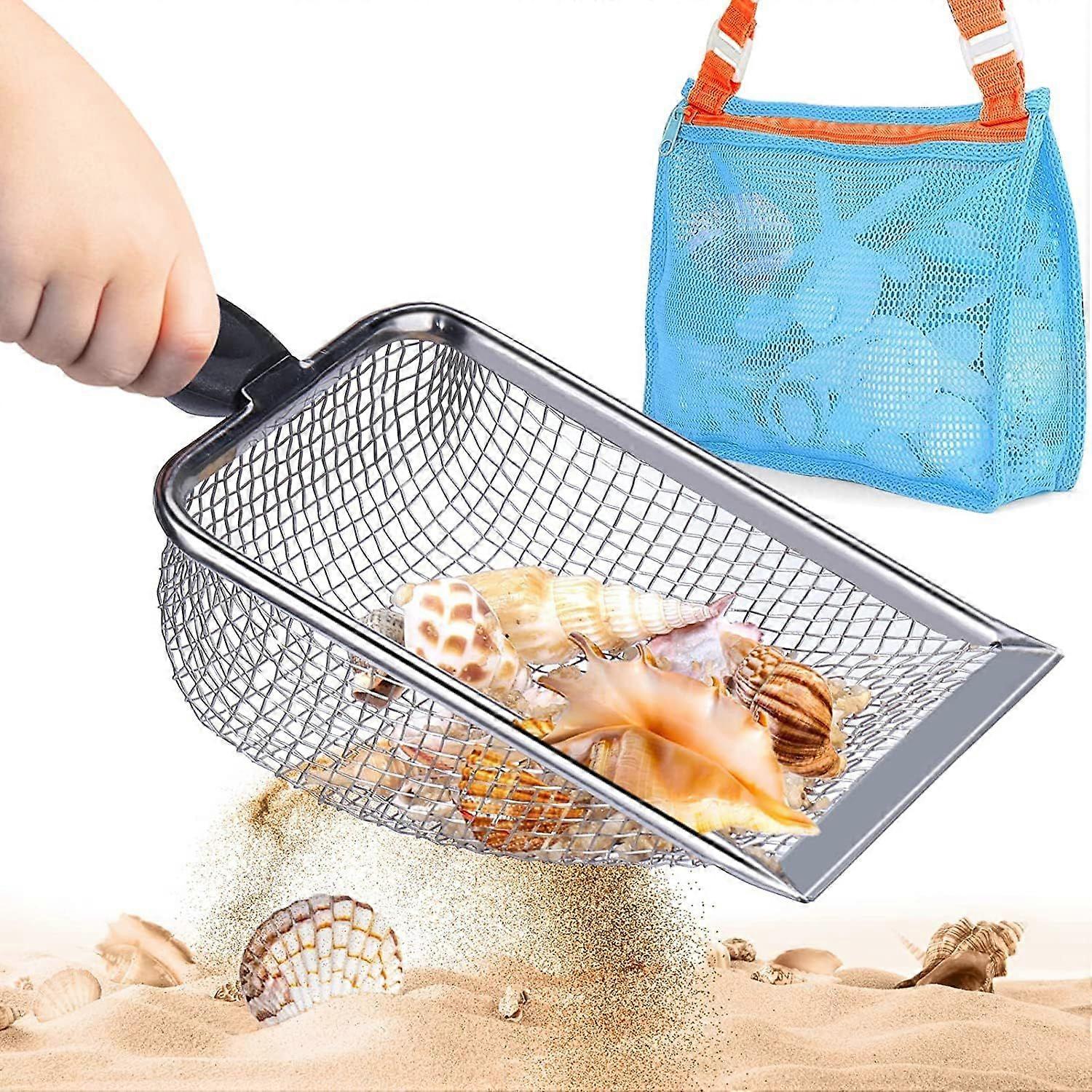 Beach Mesh Shovel with Mesh Beach Bag for Shell Collecting, Kids Filter Sand Scooper for Picking Up Shells, Shark Tooth Sifter Dipper for Boys and Gir