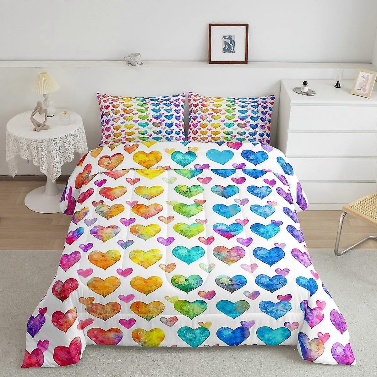 1 Set Colorful Rainbow Heart Comforter Set for Room Decor Quilt Queen Size
