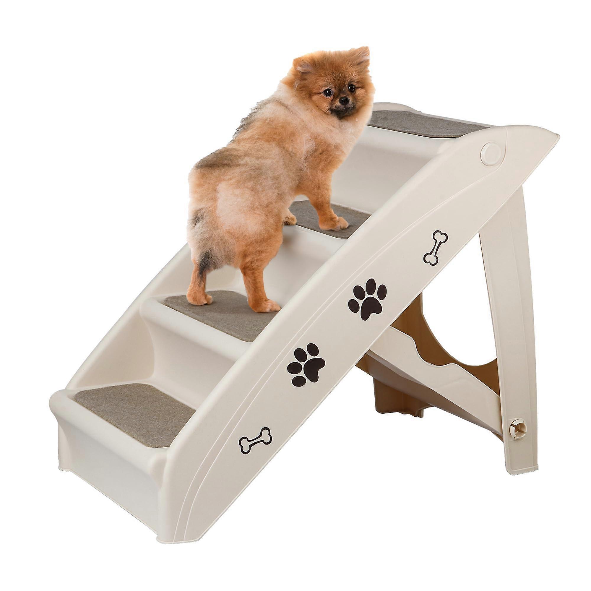 4 Step Dog Stairs for High Beds – Foldable Plastic Pet Steps with Washable Carpet for Small Dogs and Cats