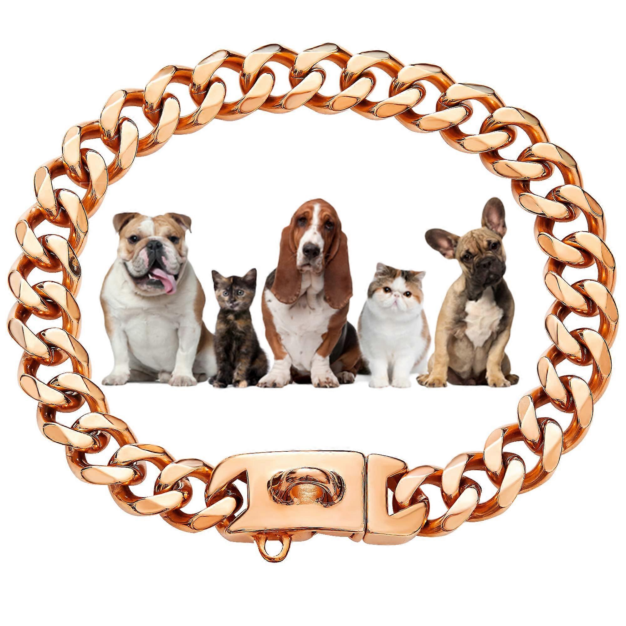 Rose Gold Chain Dog Collar 13mm 18K Gold Cuban Link, Secure Snap Buckle, 14-Inch, for Small Medium Pitbull