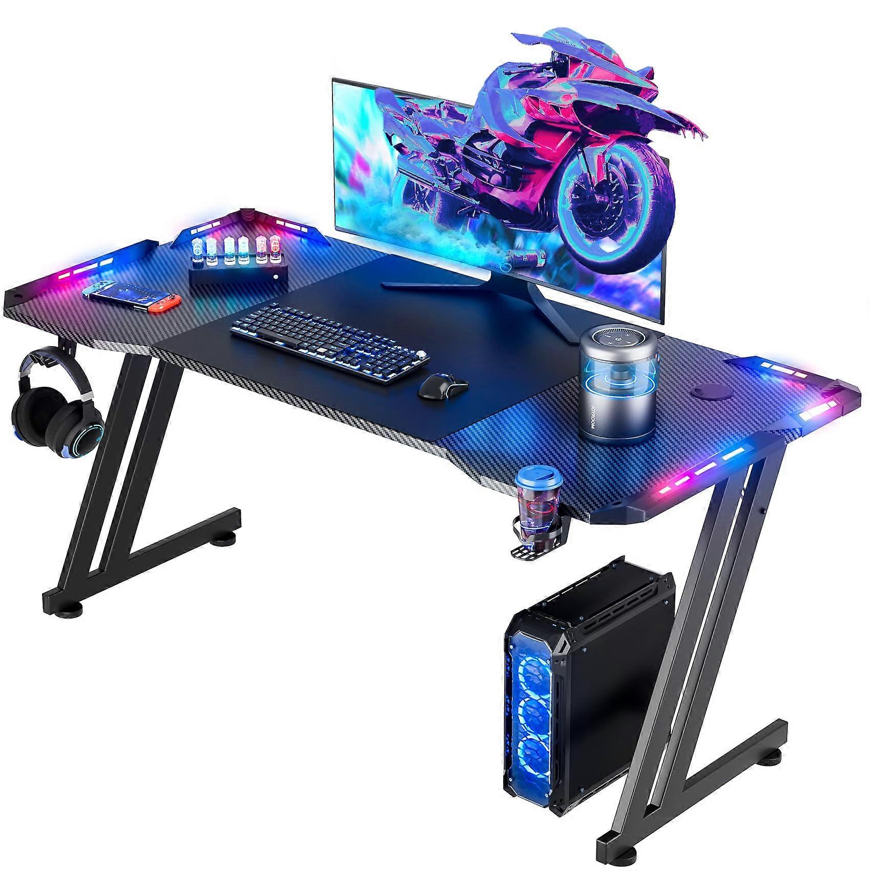47 Inch Gaming Desk with LED Lights Carbon Fibre Surface Gaming Table Large Computer Desk