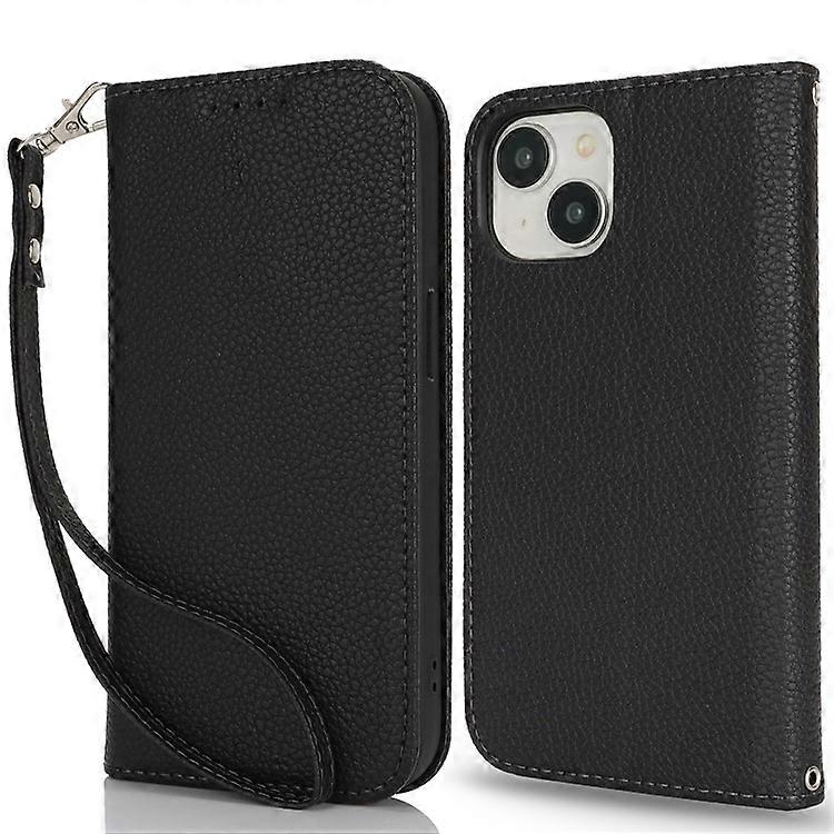 Stand Case Compatible For iPhone 15 Plus / 14 Plus Litchi Texture Leather Flip Phone Cover with Strap / Wallet