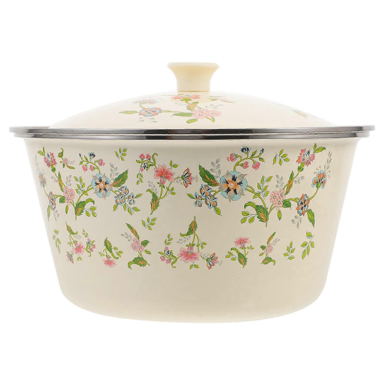 Vintage Enamel Basin With Cover Soup Container Multi 24.00X24.00X15.00CM Kitchen Tool 1Pack
