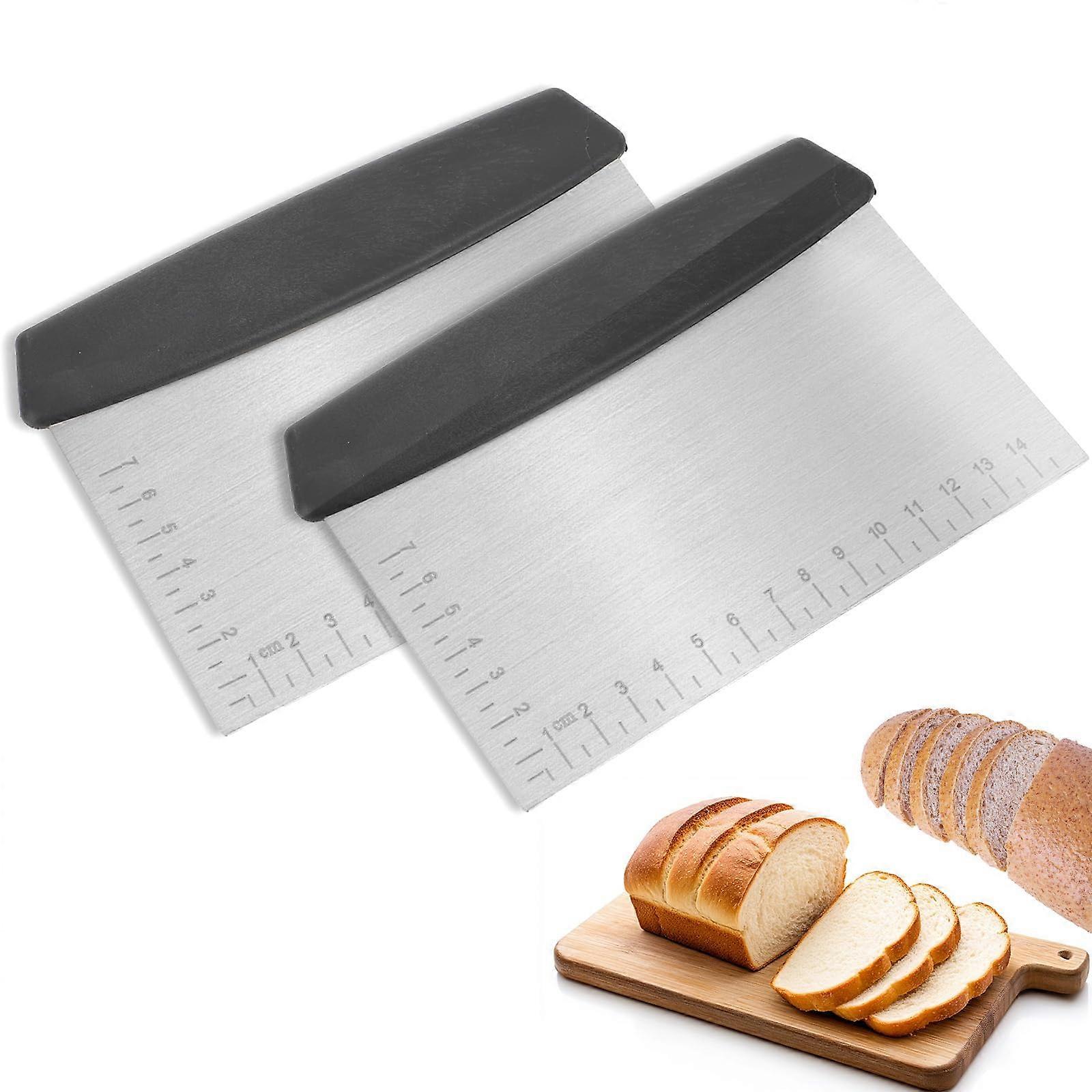 Stainless Steel Dough Scrapers Set of 2, Multi-Purpose Dough Cutter with Measuring Scale, Non-Slip Handle for Baking and Pizza